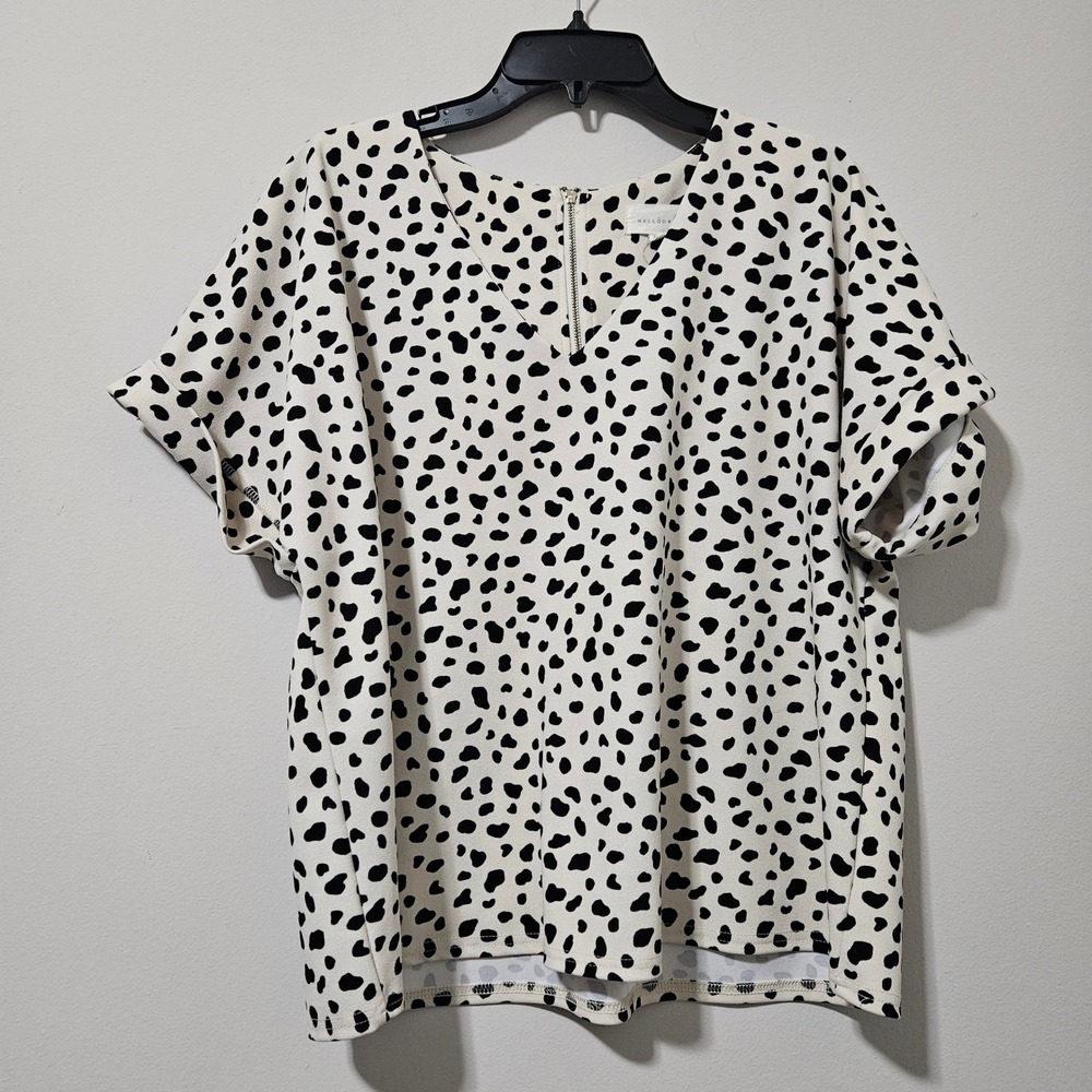 Melloday Womens XL Dalmatian Print V-Neck‎ Blouse White Short Sleeve Zip Back